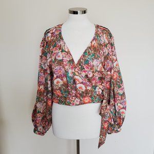 Free People Size Medium Cropped Floral Wrap Shirt